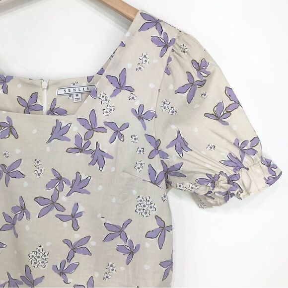 Senlis Anthropologie 100% Cotton Purple Cream Floral Puff Sleeve Blouse - Picture 4 of 15